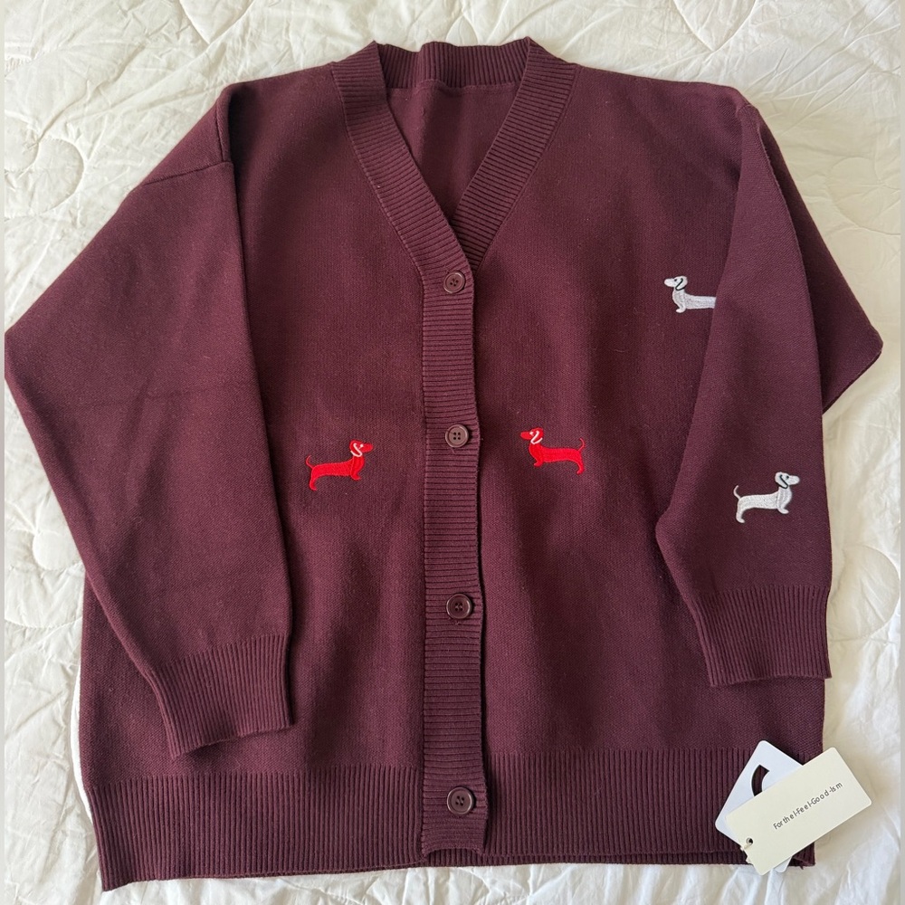 Commense Burgundy Cardigan with Dog Embroidery
